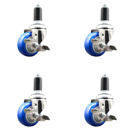 Service Caster 3.5 Inch 316SS Blue Poly Swivel 1-1/4 Inch Expanding Stem Caster Set Brake SCC SS316EX20S3514-PPUB-BLUE-TLB-114-4